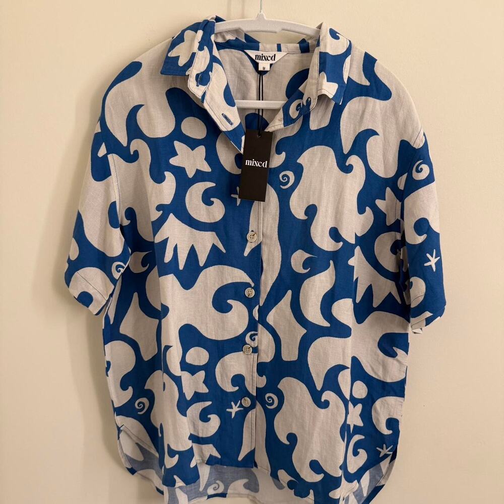 NWT unisex/men’s-sized MIXED BY NASRIN linen-blend short-sleeve button-down [M]
